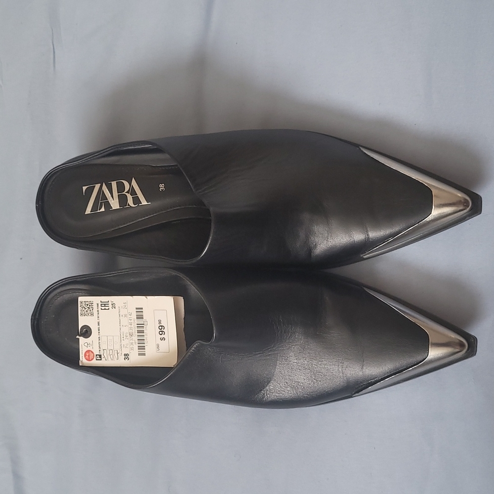 Zara Black Leather Women Pointed Silver Tip Slip-On Cowboy Mules